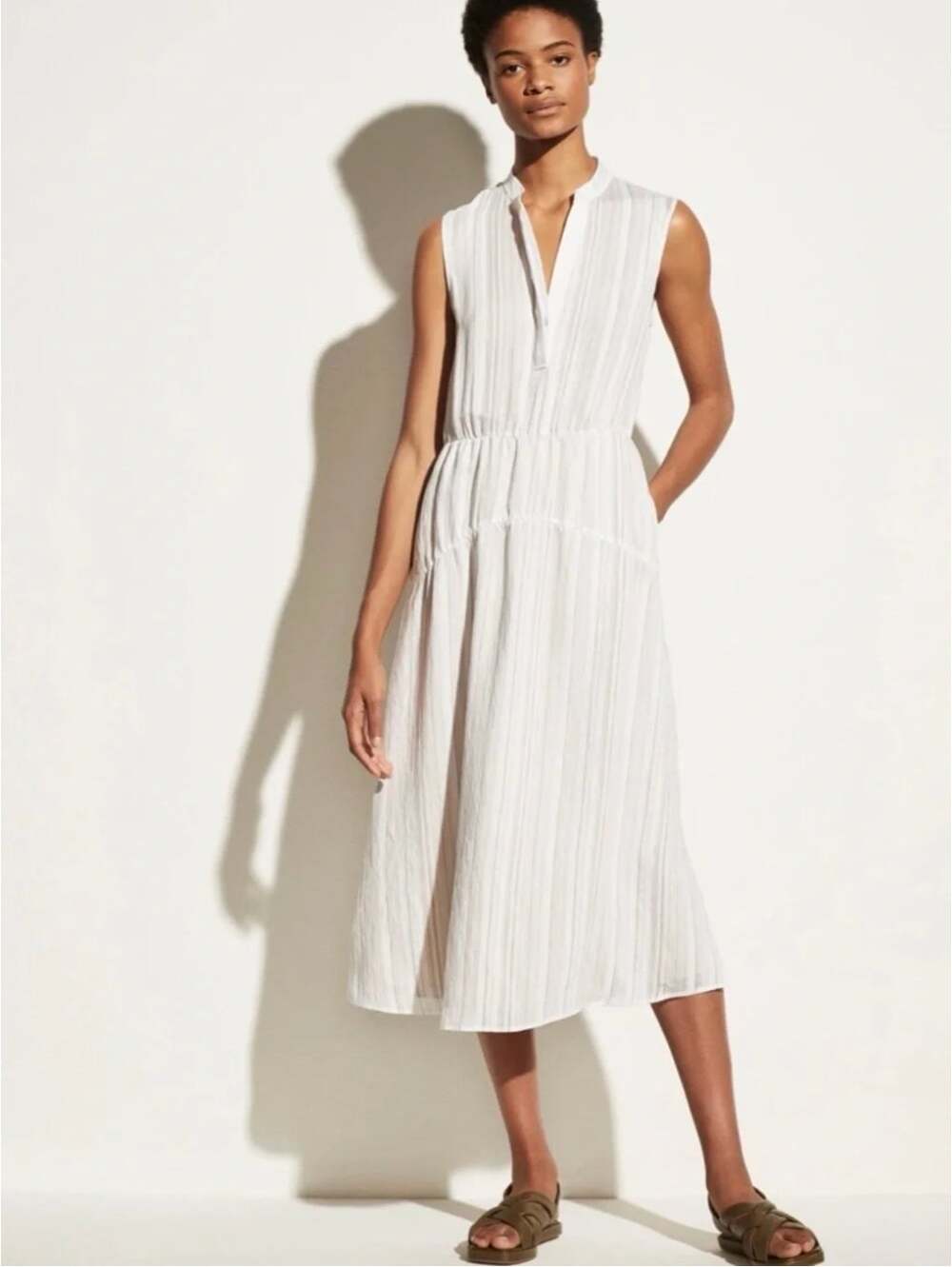 Vince Drapey Stripe Tiered Dress Off White 4